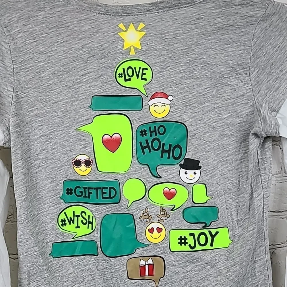 Justice Christmas Tree Girls 14 Emoji Text Bubble Holiday T-Shirt Gray Tee Shirt